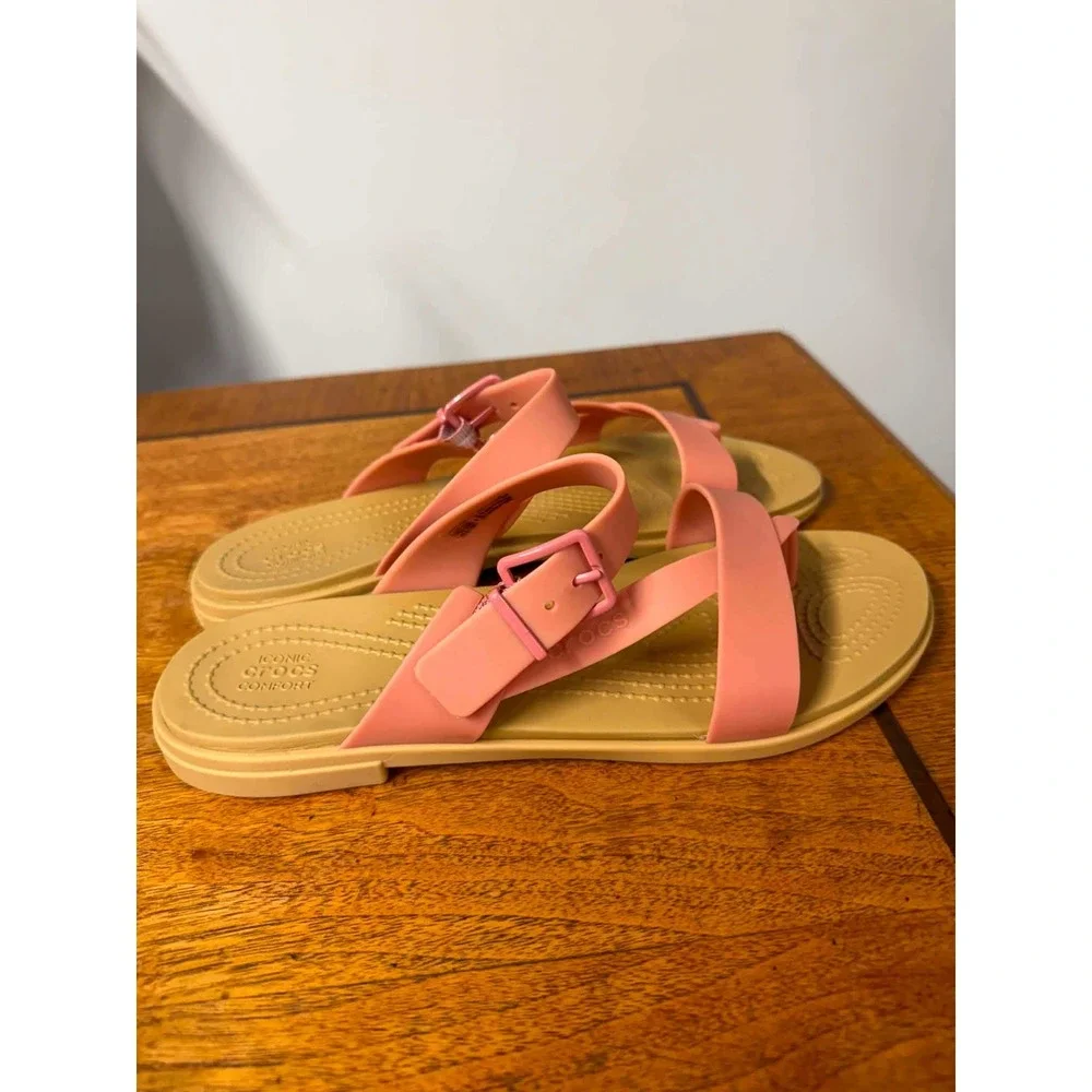 Crocs Tulum Sandal Pink Tan Ankle Strap Buckle Thong Flat Shoes Womens 9